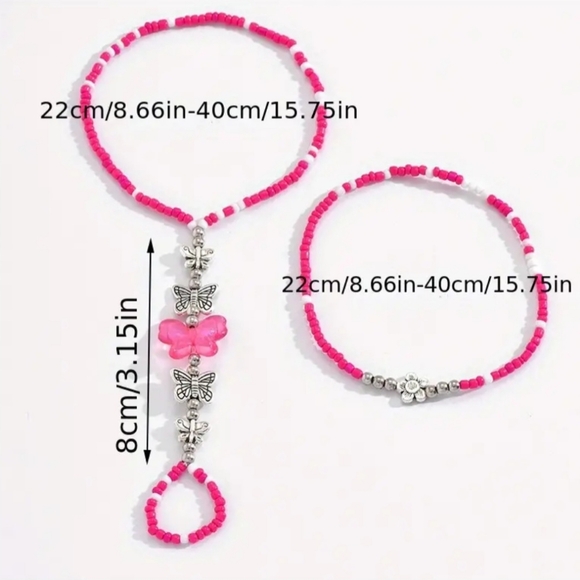 New pink stretchy beaded butterfly anklet bracelet - Picture 4 of 5